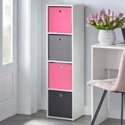 4.25" Utility Bookcase Tower With 4 Fabric Bins White/Pink - Buylateral