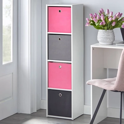 4.25" Utility Bookcase Tower With 4 Fabric Bins White/Pink - Buylateral 3 4.25" Utility Bookcase Tower With 4 Fabric Bins White/Pink - Buylateral