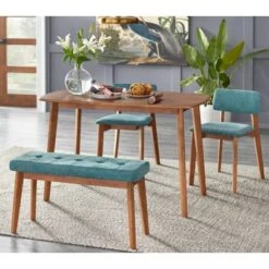 4pc Nettie Mid-Century Modern Dining Set With Bench Walnut/Teal - Buylateral