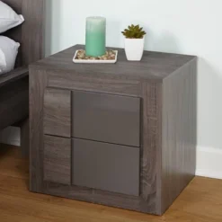 Buylateral Maya Night Stand Dark Sonoma Oak/Gray: Contemporary 2-Drawer, Laminated Surface, 18.7" Height
