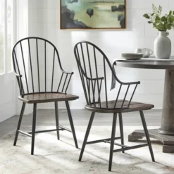 Set Of 2 Milo Windsor Metal With Wood Seat Dining Armchairs Black/Espresso Brown - Buylateral